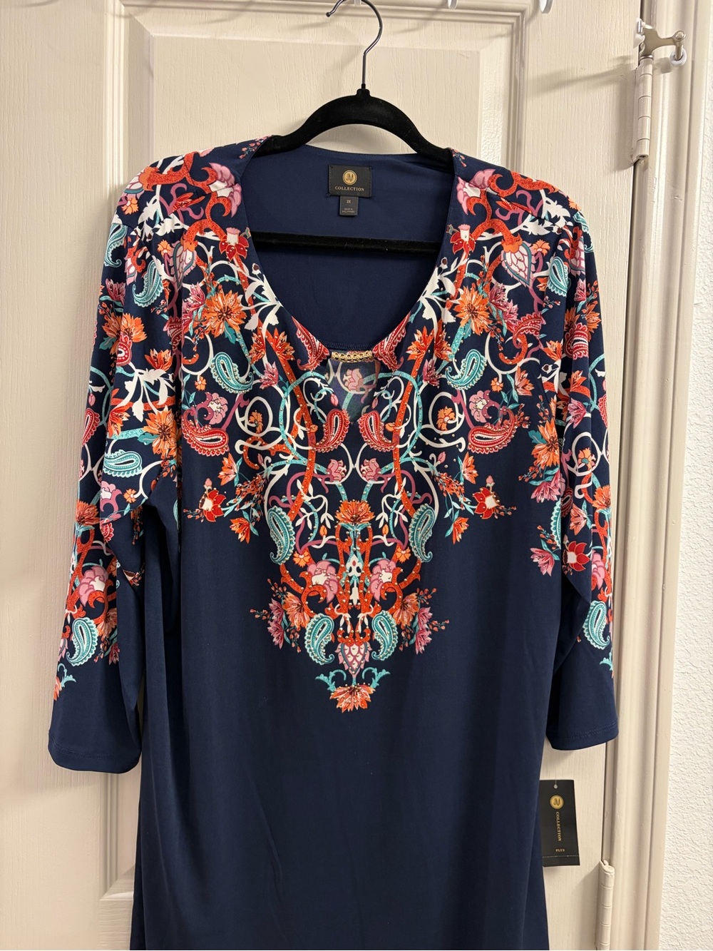 JM Collection Navy Floral Paisley V-Neck Tunic
